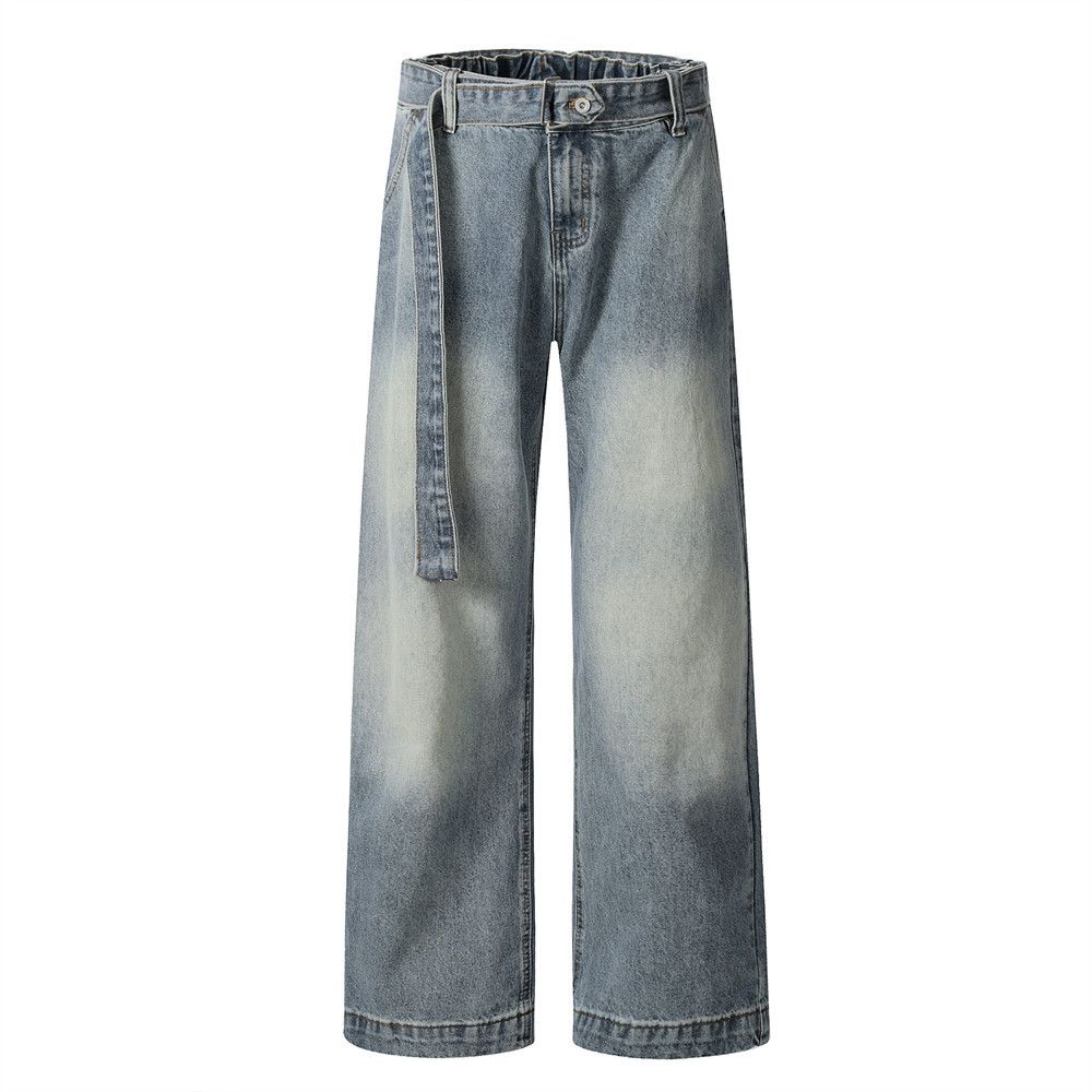Washed Vintage Jeans American High Street Men's Versatile Dad Casual Belted Loose Straight Long Pants_mkmklike.com