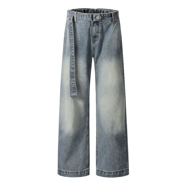 Washed Vintage Jeans American High Street Men's Versatile Dad Casual Belted Loose Straight Long Pants_mkmklike.com