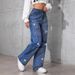 Women's Clothing Vintage Blue Distressed Jeans For Women - High Waist Straight Leg Denim Pants With Rhinestone Butterfly Embroidery_mkmklike.com