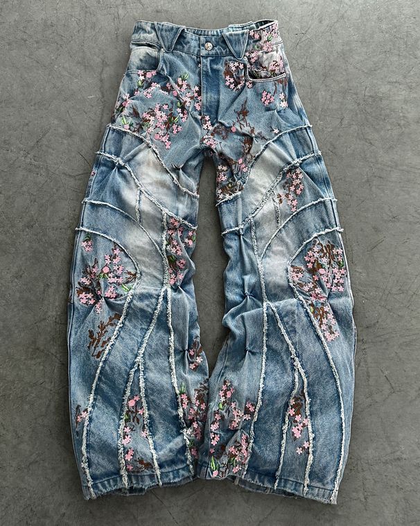 Vintage Streetwear Y2K High Waist Loose Straight Leg Jeans For Women With Cherry Blossom Embroidery, Retro American Style, Comfortable & Stylish_mkmklike.com