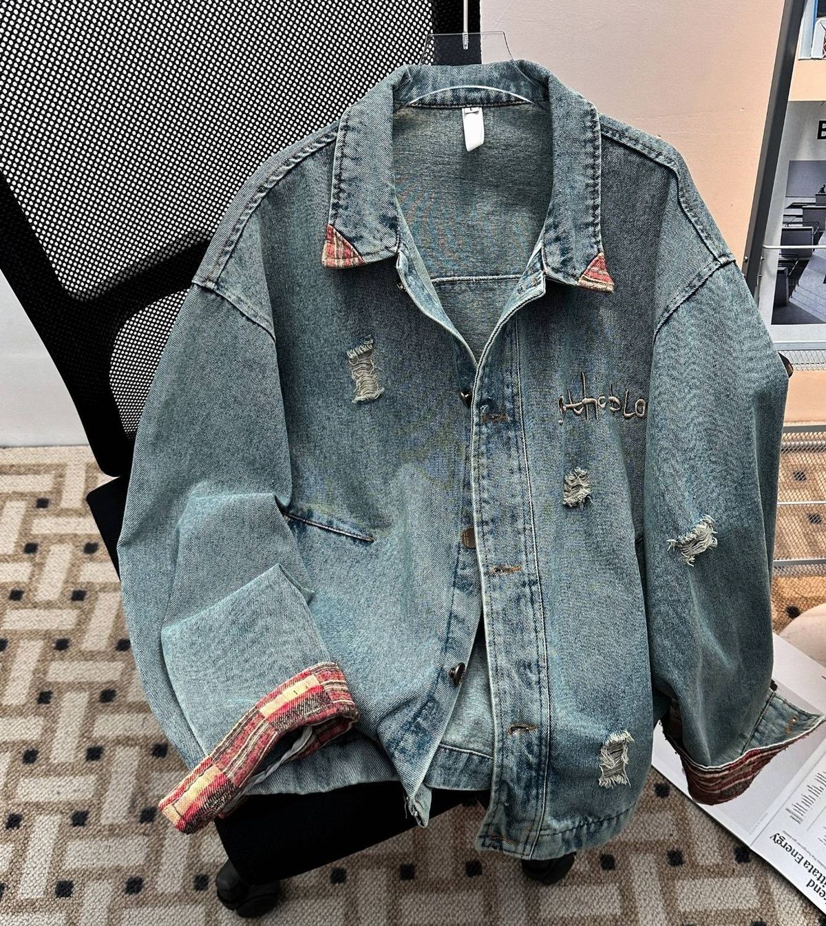 Men's Clothing Retro Plaid Lapel Denim Jacket – Unisex Distressed Vintage Style (Blue, Sizes M-3XL)_mkmklike.com