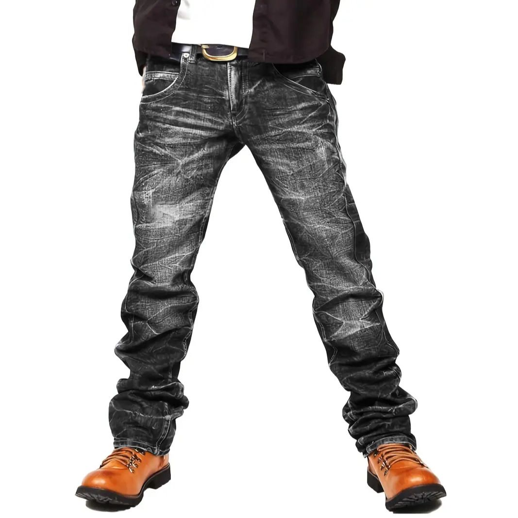 Men's Stacked Denim Jeans – Raw Hem Black Wash With Streetwear Edge (S-2xl) Black Enzyme Wash All-Day Comfort_mkmklike.com