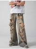 Men's Trendy Post-apocalyptic Style Ripped Jeans, Loose Straight Leg Wide-leg High Street Retro Beggar Trousers_mkmklike.com