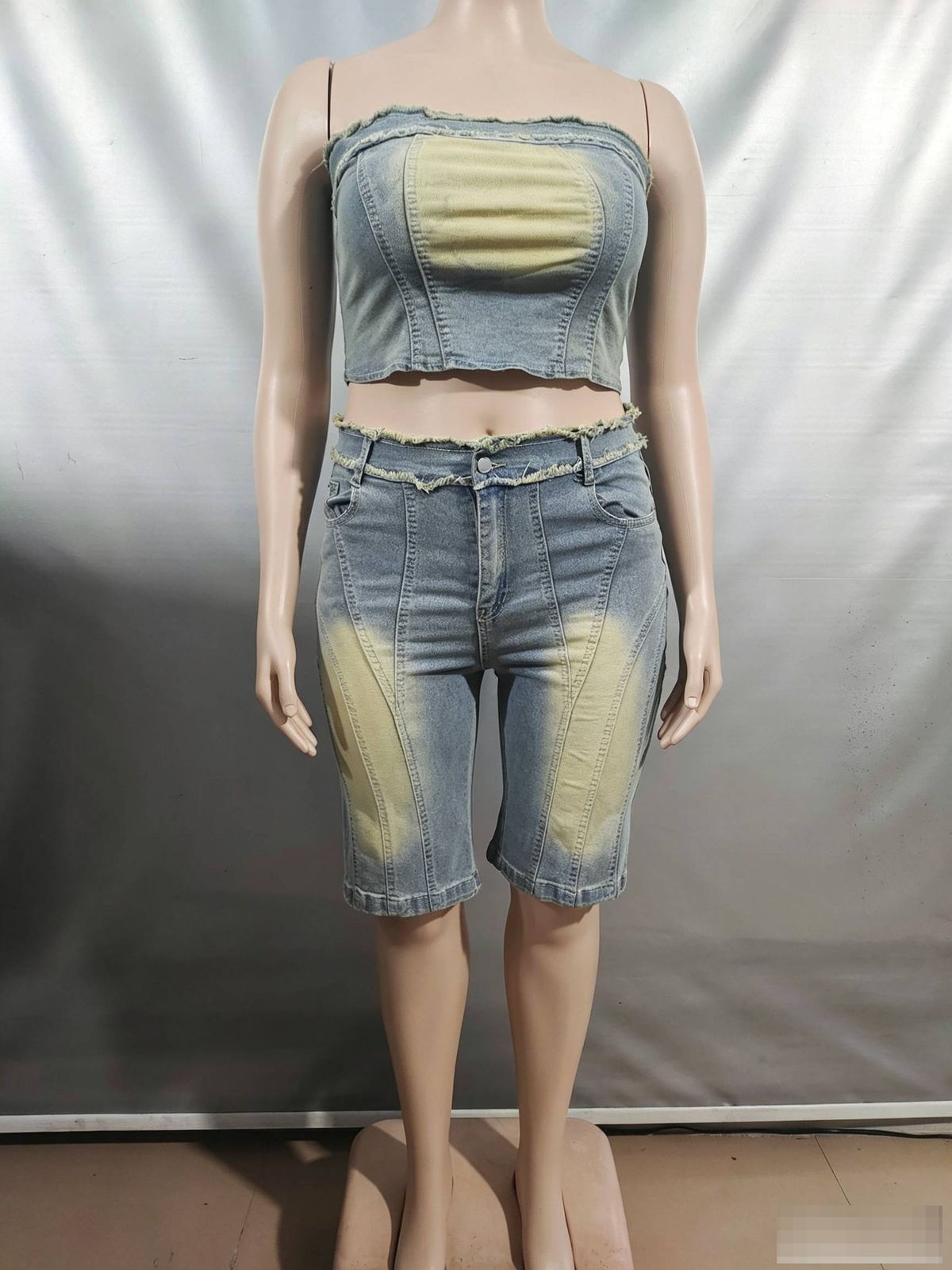Women's Clothing Jeans Suit Fashion Raw Edge Wrap Top High Waist Denim Shorts_mkmklike.com