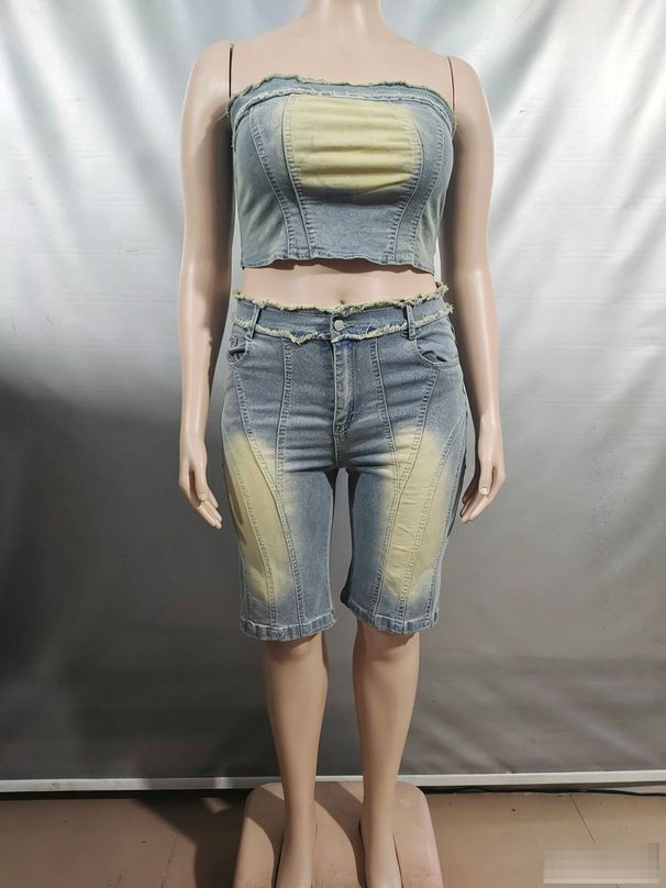 Women's Clothing Jeans Suit Fashion Raw Edge Wrap Top High Waist Denim Shorts_mkmklike.com