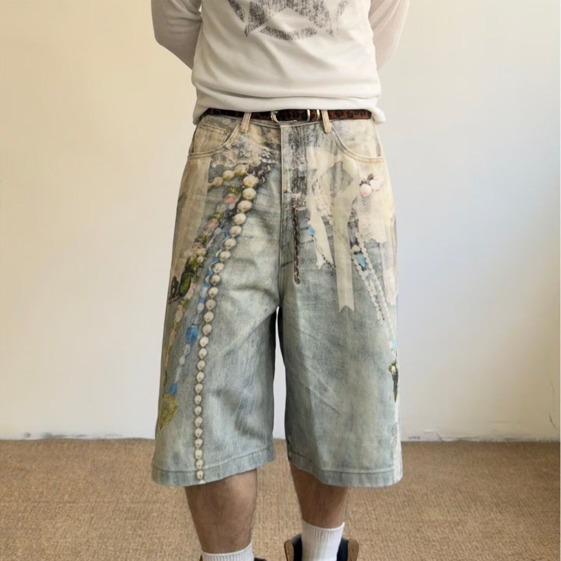 Men's American Hip Hop Casual Straight Leg Loose Denim Shorts High Street Wide Leg Capri Pants New Summer 2026 Style_mkmklike.com