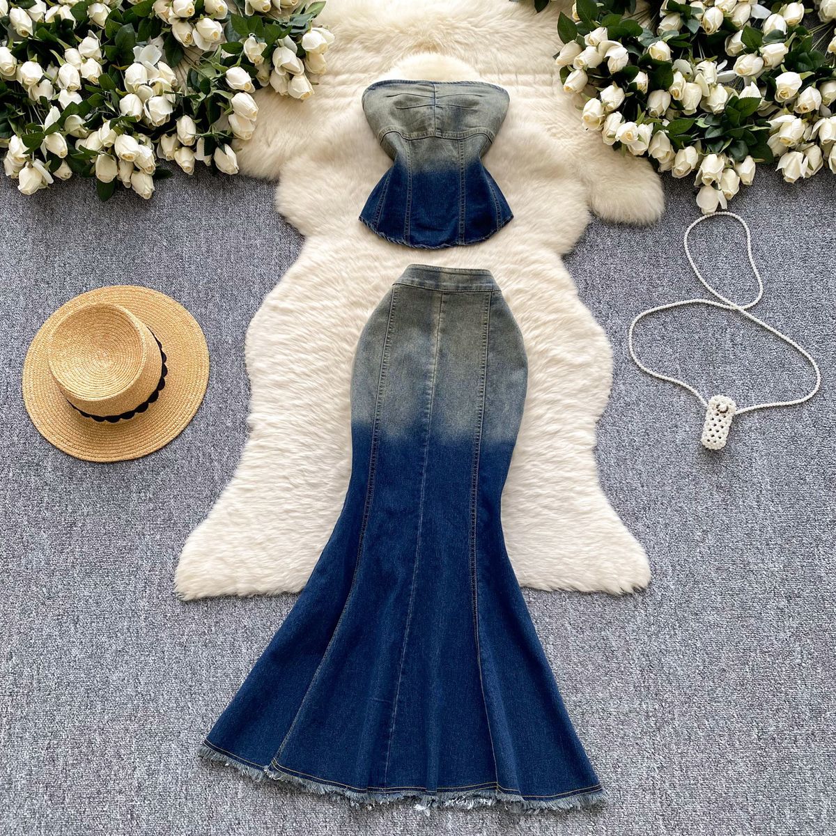 Women's Clothing Pure And Slim Fit Sleeveless Denim Tube Top Vest High Waist Fishtail Skirt_mkmklike.com