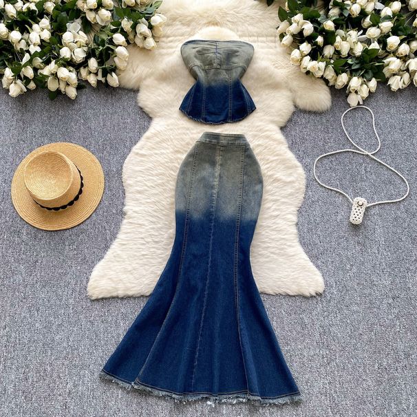 Women's Clothing Pure And Slim Fit Sleeveless Denim Tube Top Vest High Waist Fishtail Skirt_mkmklike.com