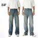 EF JEANS | 2025 Spring New Korean Version Retro High Street Straight Old Simple Wide Leg Washed Jeans_mkmklike.com