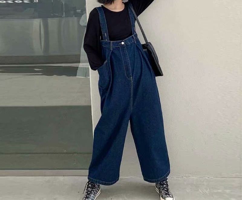 Youthful Denim Overalls For Women Plus Size New Retro Hong Kong Style Loose Slimming Korean Straight Pants Cute Japanese_mkmklike.com