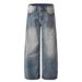 Men's Clothing Retro Distressed Scimitar Bamboo Pattern Washed Blue Jeans For Women Summer Casual Loose Wide Leg Trousers_mkmklike.com