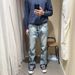 Men's Clothing Ice Blue Faded Lightning Pattern Vintage Washed Jeans Cleanfit Distressed Flared_mkmklike.com