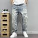 Vintage Light Wash Distressed Wide Leg Jeans, Men's American High Street Loose Straight Ripped Denim Pants Streetwea_mkmklike.com