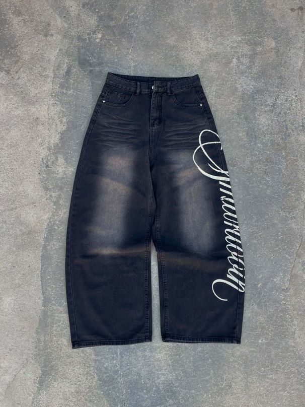Vintage Washed Denim Jeans With Letter Print – High-Waisted Wide-Leg Pants For Streetwear & Retro Style (S-Xxl, Black/Blue)_mkmklike.com