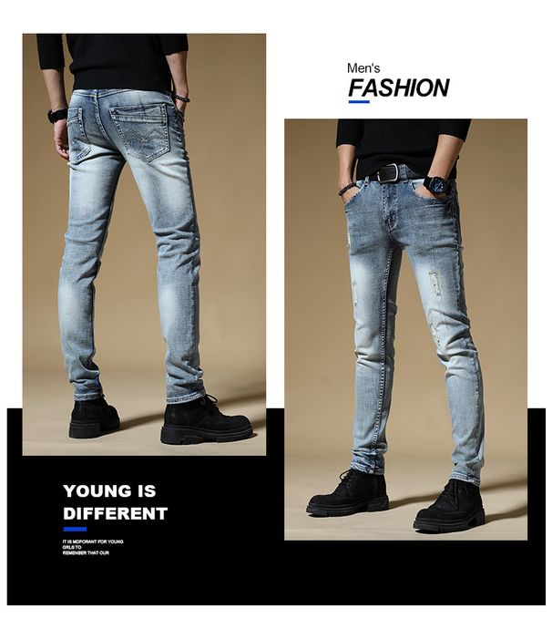 Trendy Light Blue Faux Ripped Jeans For Men Korean Style Slim Fit Stretchy Retro Skinny Trousers For Teenagers_mkmklike.com