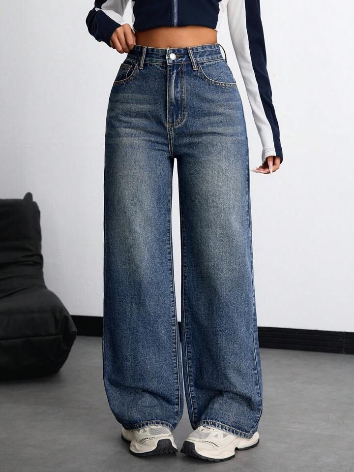 High-Waisted Straight-Leg Jeans – Vintage Washed Denim For Effortless Street Style_mkmklike.com