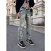 Men's Slim Fit Straight Leg Casual Pants Retro Five-Pointed Star Print Distressed Ripped Denim Long Trousers Autumn Wear_mkmklike.com