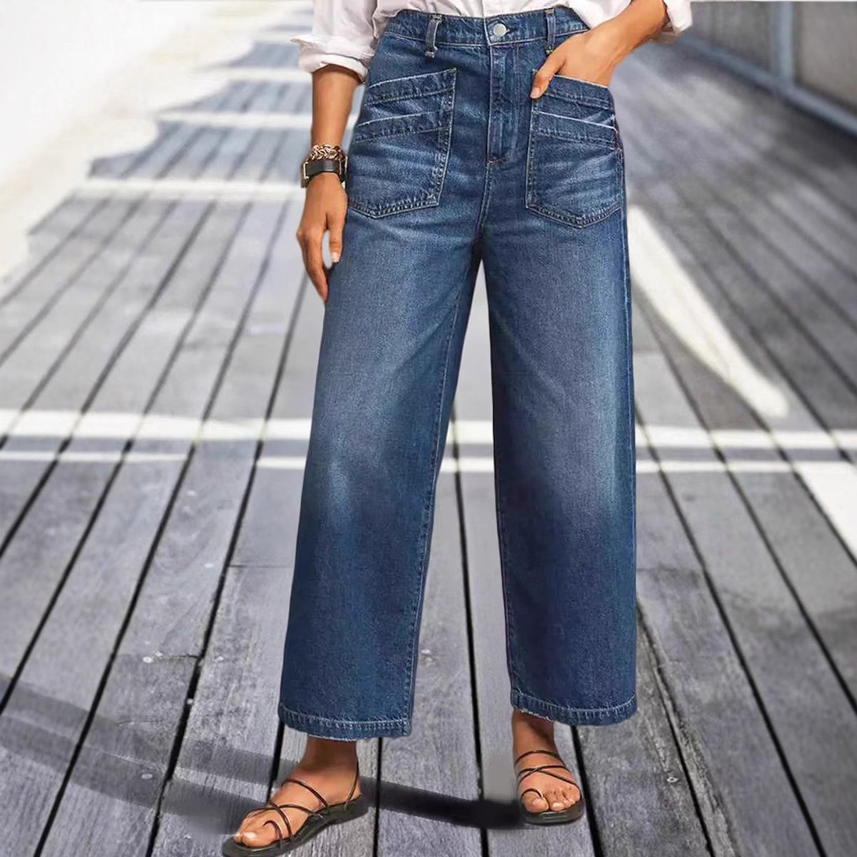 Women's Retro Wide Leg Casual Jeans mid Rise Stretch Distressed Hem Slanted Pockets Cropped Length European American Style_mkmklike.com