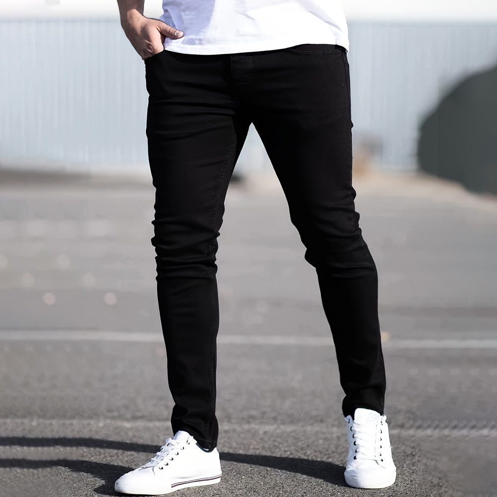 Slim Fit Mid Waist Men's Denim Trousers Fashion Trend Solid Color Stretchy Straight Jeans Machine Washable_mkmklike.com