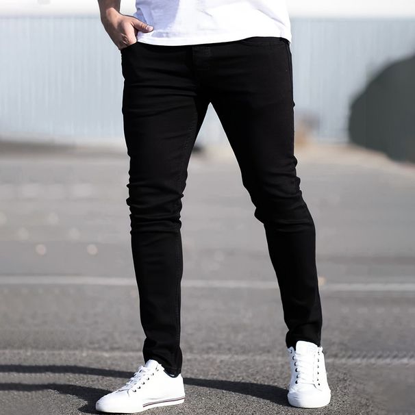 Slim Fit Mid Waist Men's Denim Trousers Fashion Trend Solid Color Stretchy Straight Jeans Machine Washable_mkmklike.com