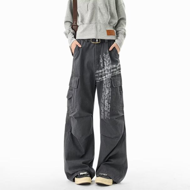 Large Size American Street Cross Letter Printing Tooling Casual Pants Men's 2026 New Drape Wide-leg Trousers_mkmklike.com