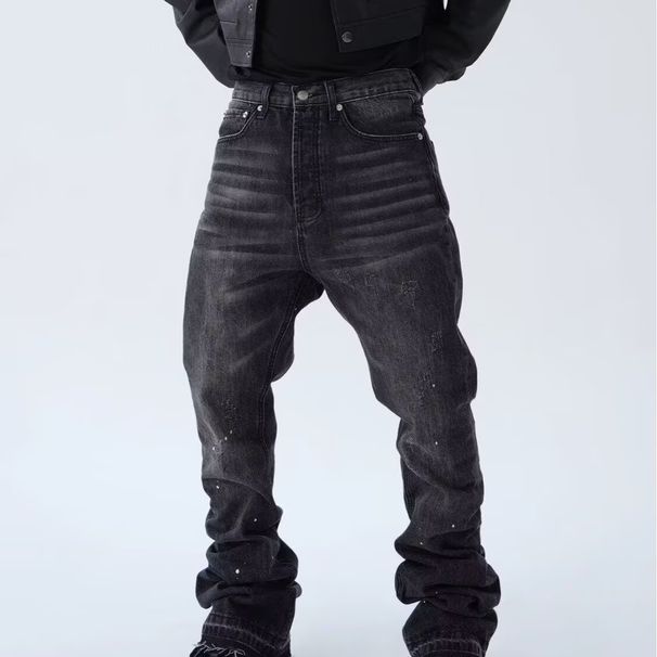 Men's Heavyweight Washed Black Gray Flared Jeans Cleanfit Style with Splatter Paint Frayed Edges mid Waist Straight Pants_mkmklike.com