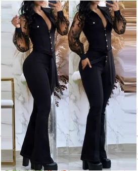 Women's Clothing elegant mesh sleeves V neck button pockets high waist lace up solid color slim jumpsuit_mkmklike.com