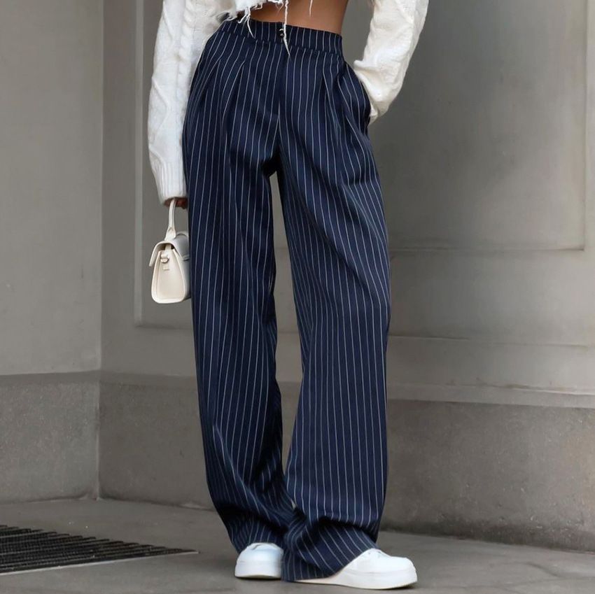 Women's Clothing Leg Wide Leg Pants New Navy Striped Fashion Casual Pants_mkmklike.com