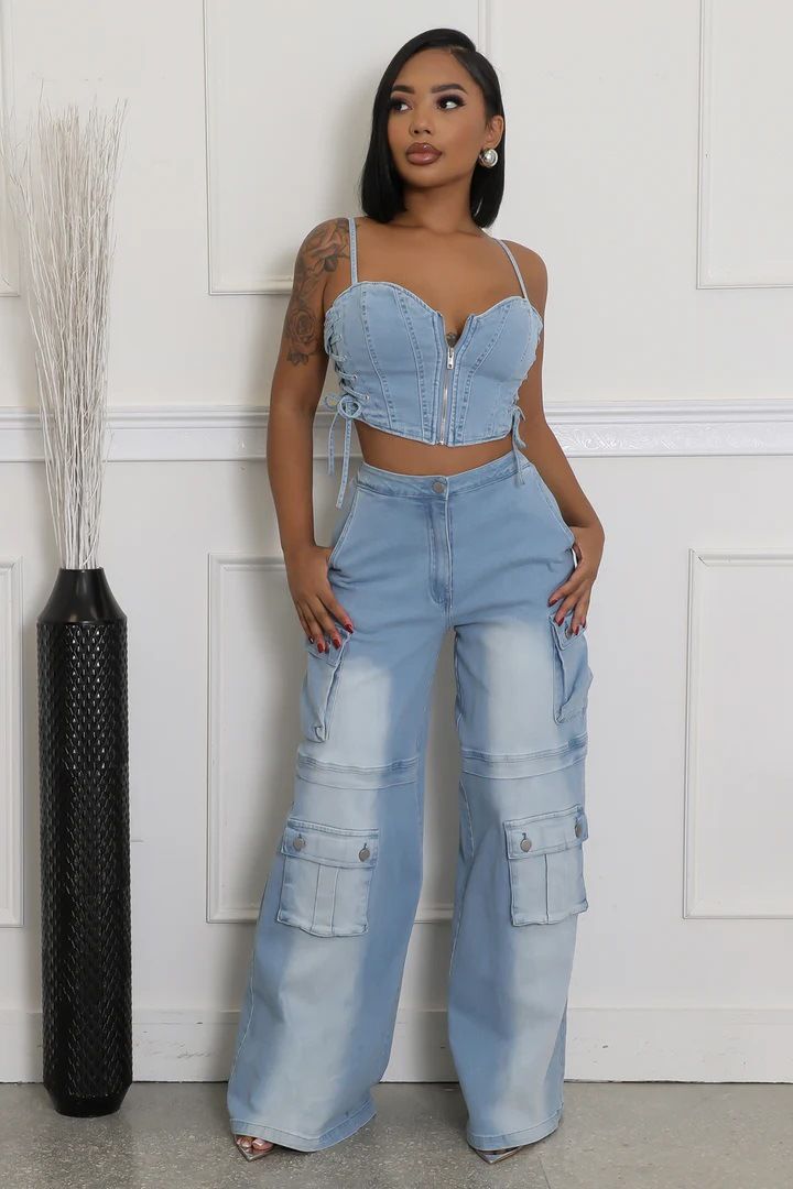 Fashion Suspender Tube Top Denim Top Pocket Straight Workwear Women's Jeans Suit_mkmklike.com