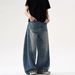 American High Street Washed Pleated Curved Jeans For Men And Women, Loose Straight Casual Wide Leg Baggy Pants_mkmklike.com
