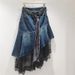 Asymmetrical Denim Midi Skirt With Lace Trim & Detachable Scarf Belt – High-Low Hem A-Line Skirt (S-XXL)_mkmklike.com