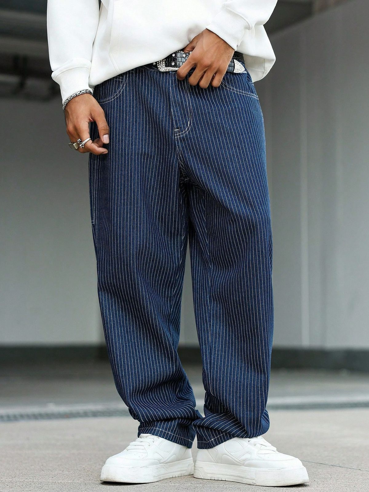 Men's American Retro Wide Leg Pants Denim Mid Waist Loose Fit Slimming Straight Leg Striped Floor Length For Spring Autumn_mkmklike.com