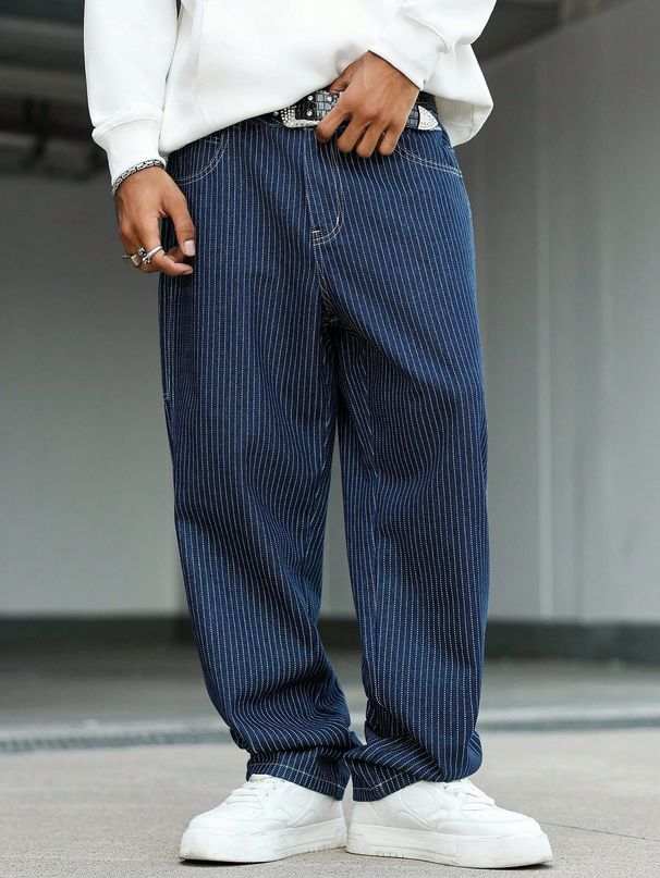 Men's American Retro Wide Leg Pants Denim Mid Waist Loose Fit Slimming Straight Leg Striped Floor Length For Spring Autumn_mkmklike.com