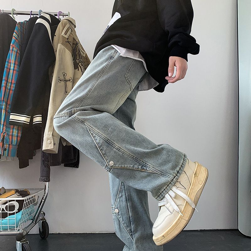 Men's Washed Deconstructed Jeans Trendy Retro Slim Fit Straight Leg Flared Pants Autumn Winter Style American Vibe Patchwork_mkmklike.com