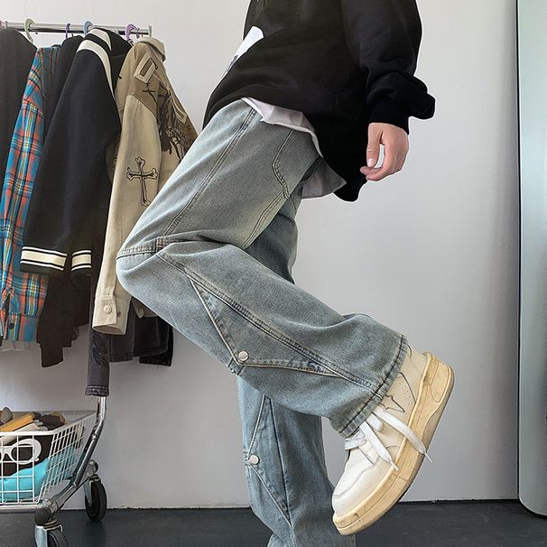 Men's Washed Deconstructed Jeans Trendy Retro Slim Fit Straight Leg Flared Pants Autumn Winter Style American Vibe Patchwork_mkmklike.com