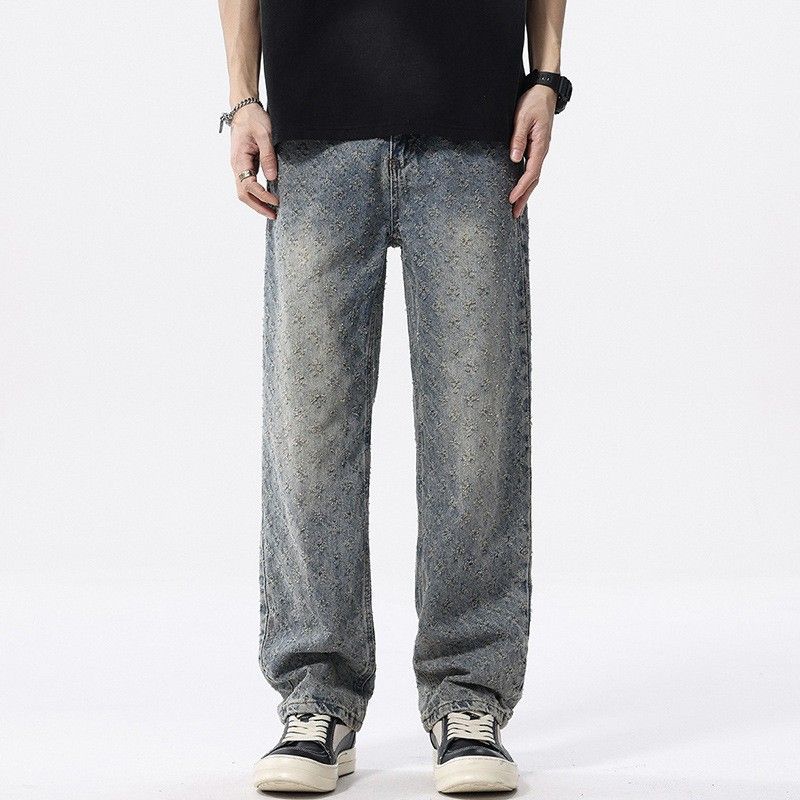 Men’s Loose-Fit Printed Denim Pants – Retro All-Over Floral Jacquard Jeans Streetwear Straight-Leg Trousers With Distressed Wash_mkmklike.com