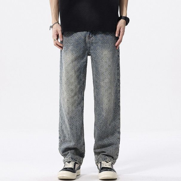 Men’s Loose-Fit Printed Denim Pants – Retro All-Over Floral Jacquard Jeans Streetwear Straight-Leg Trousers With Distressed Wash_mkmklike.com
