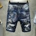 Men's Clothing Ink Splash Hole Denim Shorts Men's Trendy Brand Slim Fit Skinny Summer Thin Five Point Mid Length Pants_mkmklike.com