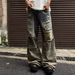 Men's Wide Leg Straight Jeans Retro American Niche Design Washed Patchwork Camouflage Distressed Whiskering_mkmklike.com