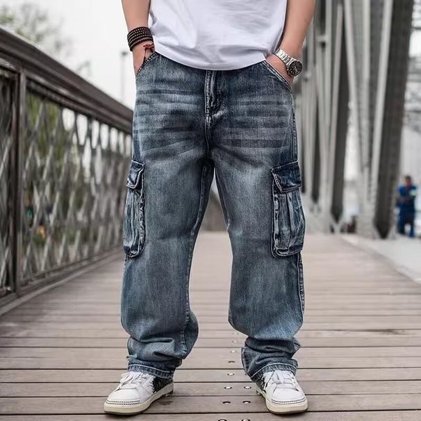 Men's Plus Size Relaxed Fit Denim Jeans With Multiple Pockets, Hip Hop Style Work Pants For Everyday Wear (Blue, S-3XL)_mkmklike.com