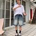 Retro Washed Distressed Denim Shorts Wide Leg Five Point Pants High End American Style For Men And Women New Summer Style Versatile_mkmklike.com
