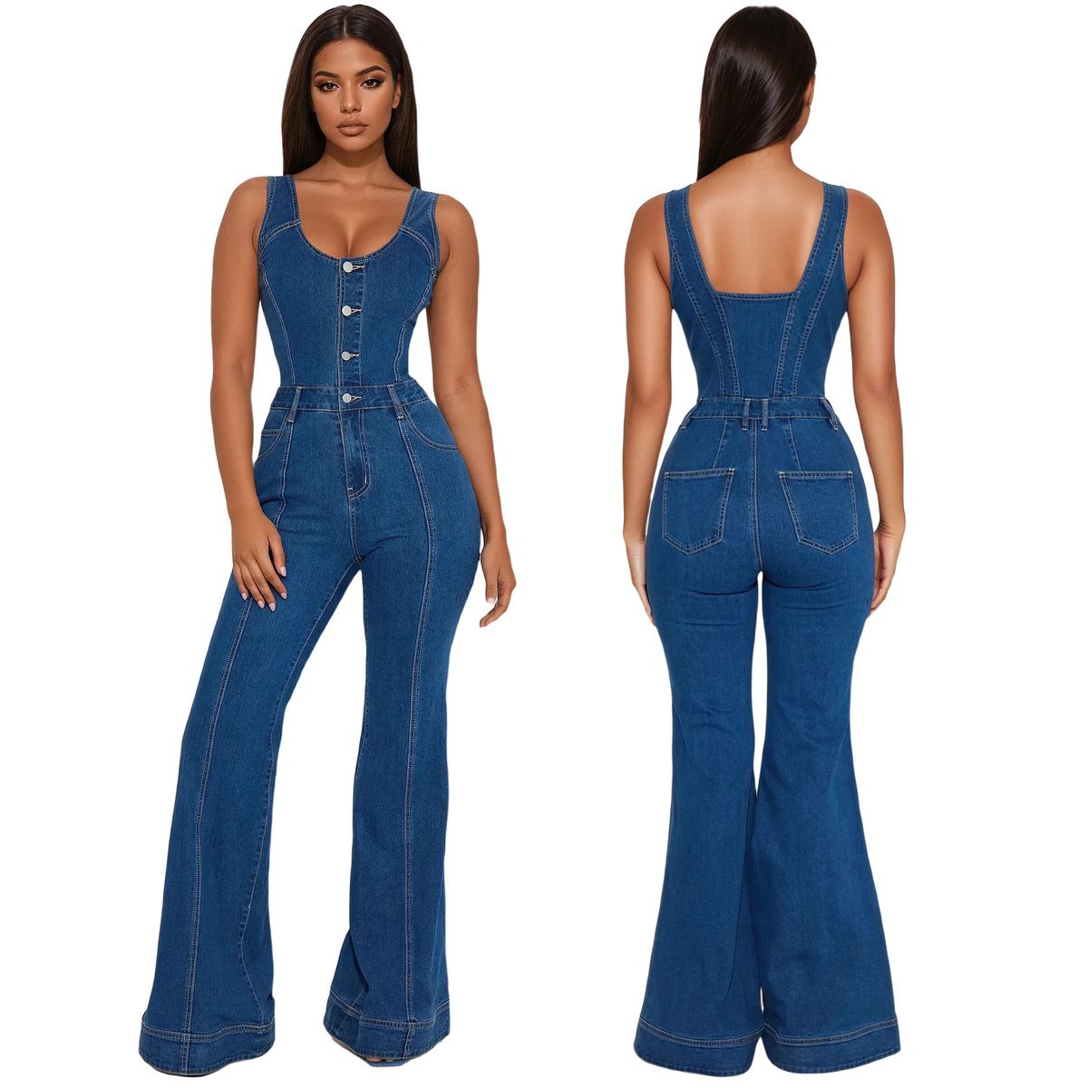 Women's Sexy Denim Jumpsuit With Flared Pants – Casual Suspender Romper For Spring/Summer (Bluish, S-2XL)_mkmklike.com