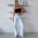 Women's Clothing Women's Wide Leg Jeans - High Waist Stretch Denim Pants For Casual & Office Wear, Comfortable Cotton Blend, Light Blue_mkmklike.com