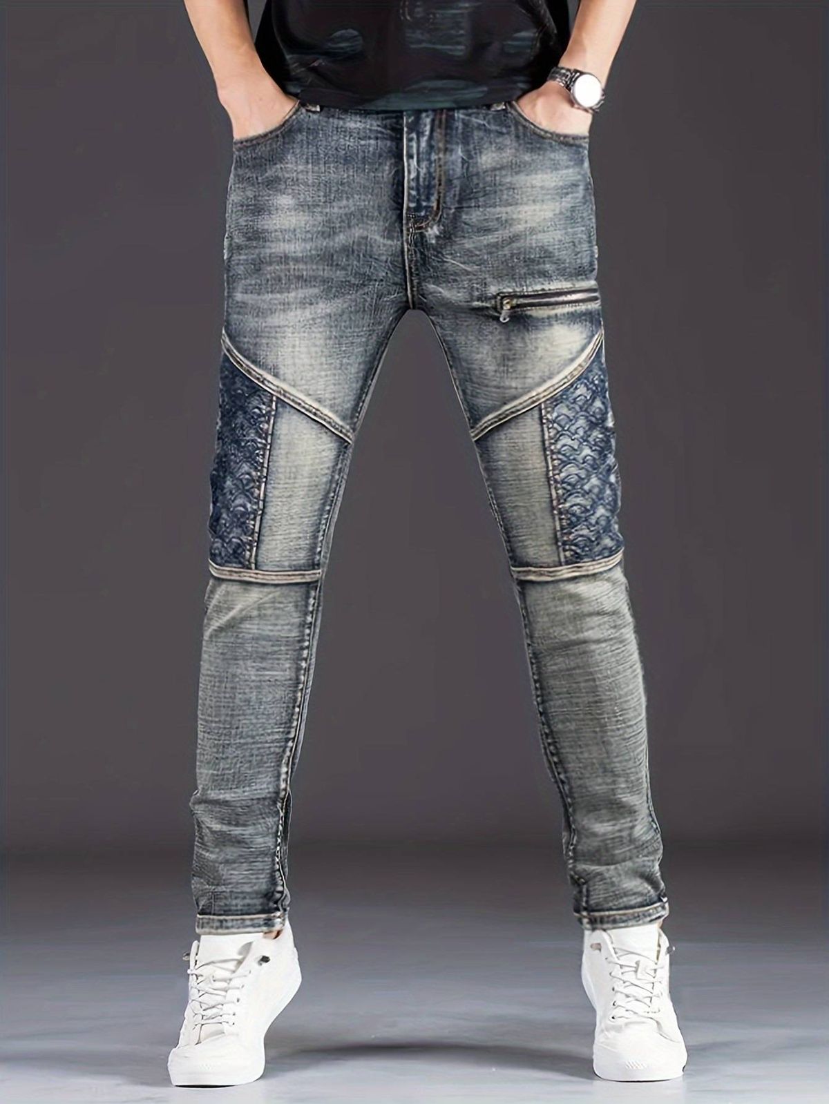 Men's Clothing Slim Fit Stretchy Jeans Casual Stylish Blue Embroidered Multi Crafted Trousers_mkmklike.com