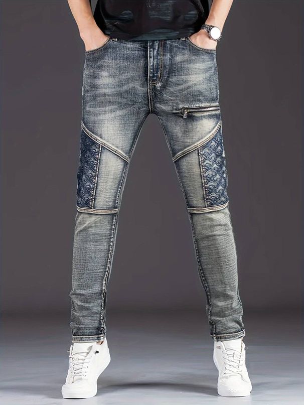 Men's Clothing Slim Fit Stretchy Jeans Casual Stylish Blue Embroidered Multi Crafted Trousers_mkmklike.com