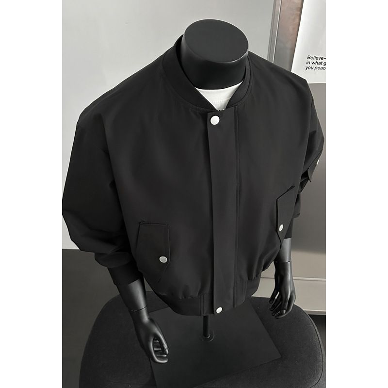 Black Padded Shoulder Boxy Short For Men, Spring Cleanfit High Street Flight Worker Style American Jacket_mkmklike.com