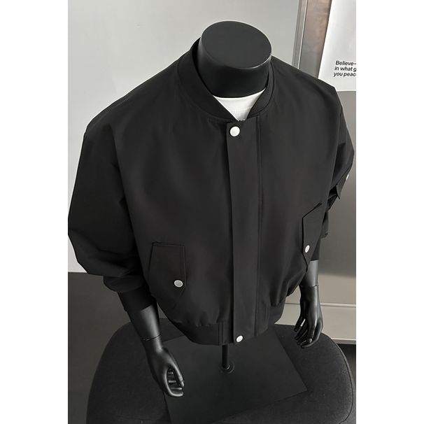 Black Padded Shoulder Boxy Short For Men, Spring Cleanfit High Street Flight Worker Style American Jacket_mkmklike.com