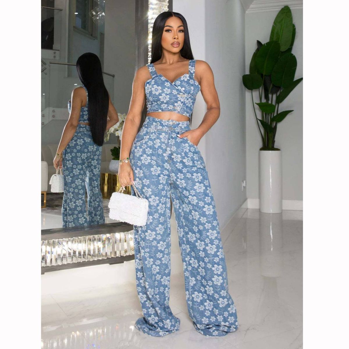 Women's Clothing Autumn And Winter Denim Jacquard Suit Nightclub Wrap Top Wide Leg Pants Suit_mkmklike.com