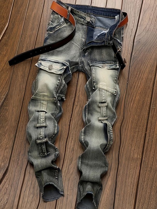 Men's Clothing American Streetwear Washed Straight-Leg Jeans – Relaxed Fit Multi-Pocket Pants (Matcha, S-XXXL)_mkmklike.com