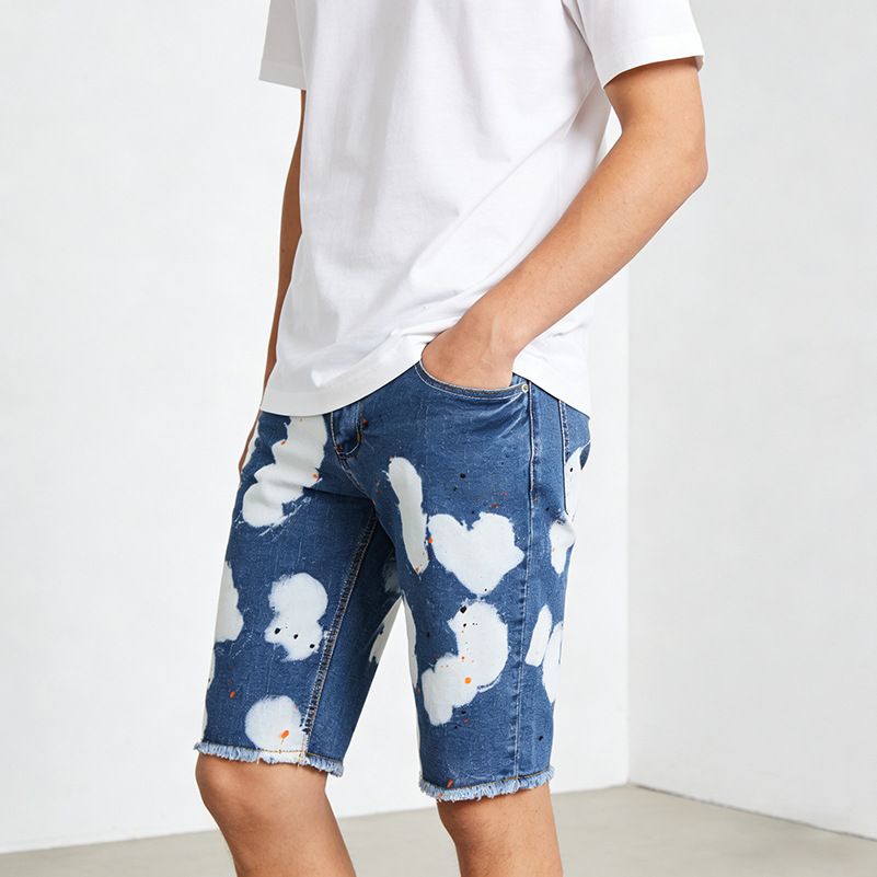 Men's Trendy Floral Polka Dot Print Washed Stretch Denim Shorts Casual Five-Point Spring/Summer Pants_mkmklike.com